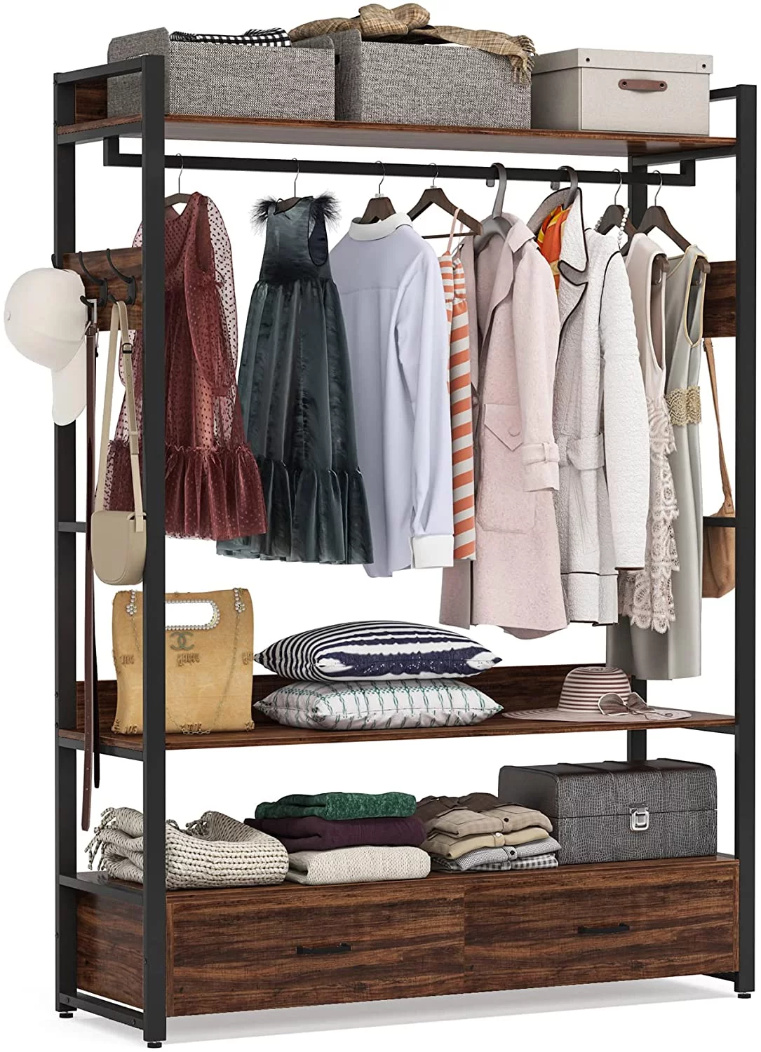 Tribesigns Closet, Heavy Duty Clothes Rack with Shelves Hanging Rod and 2 Drawers for Bedroom, Rustic Brown