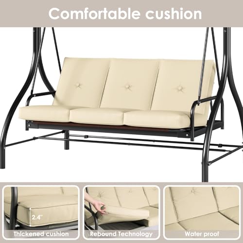 TLSUNNY 3-Seat Outdoor Patio Porch Swing with Adjustable Canopy & Backrest, Convertible Glider Bed with Stand, Removable Seat Cushion
