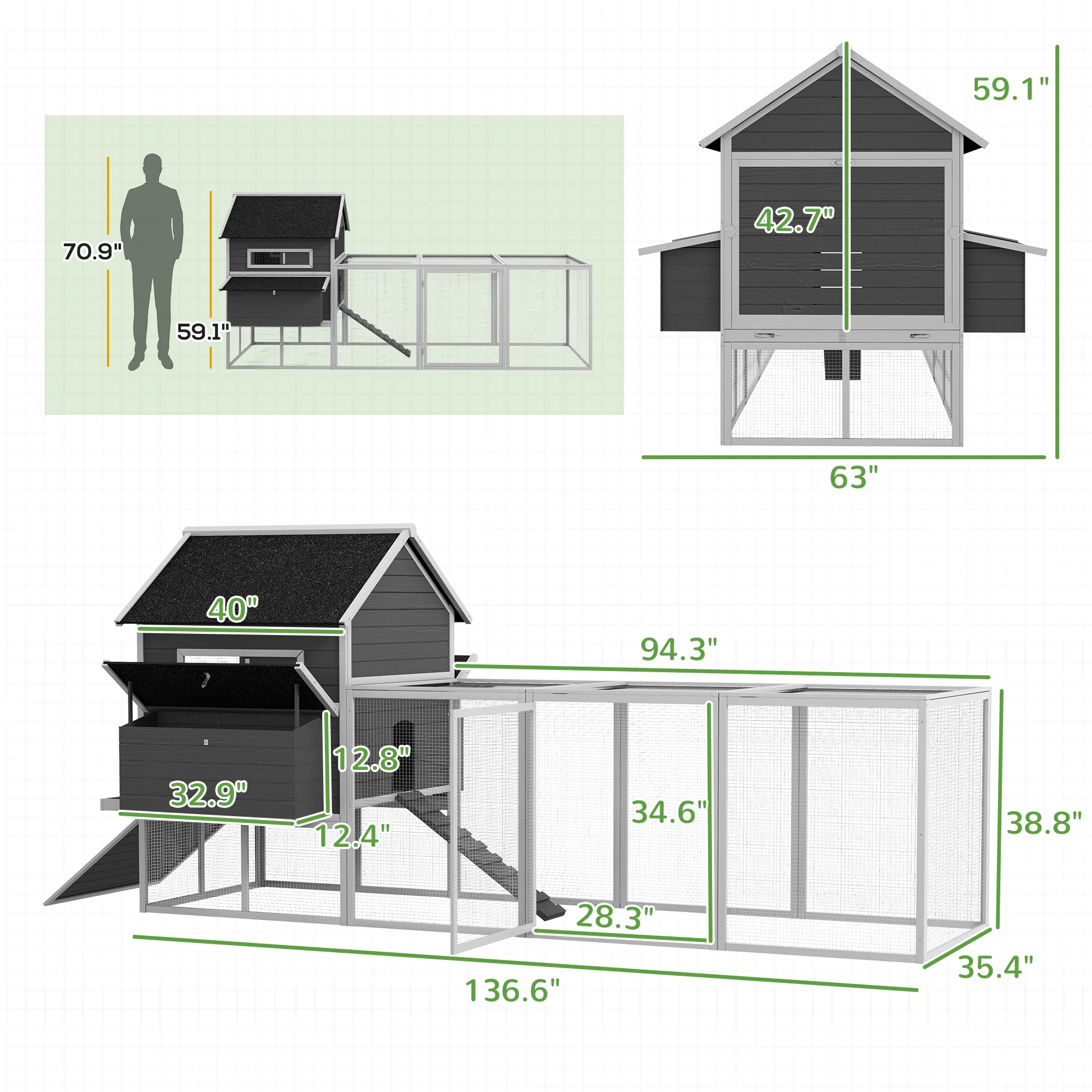PawHut 137" Wooden Chicken Coop for 8-10 Chickens, Backyard, Gray - Curated Treasures Market