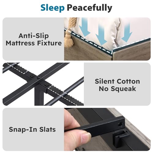 Full Size Bed Frame with Headboard, LED Platform Bed with 4 Storage Drawers, Built in Charging Station, Noise-Free, Metal Support Base