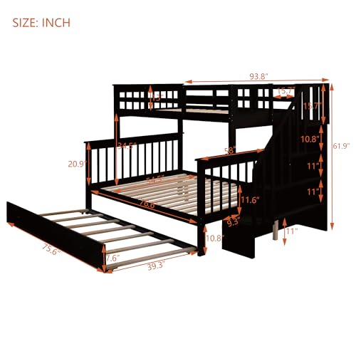 Ball & Cast Full Over Full Bunk Bed with Twin Size Trundle and Built in 4 Drawer,Wood Bunkbed w/Storage Ladder & Slat Support
