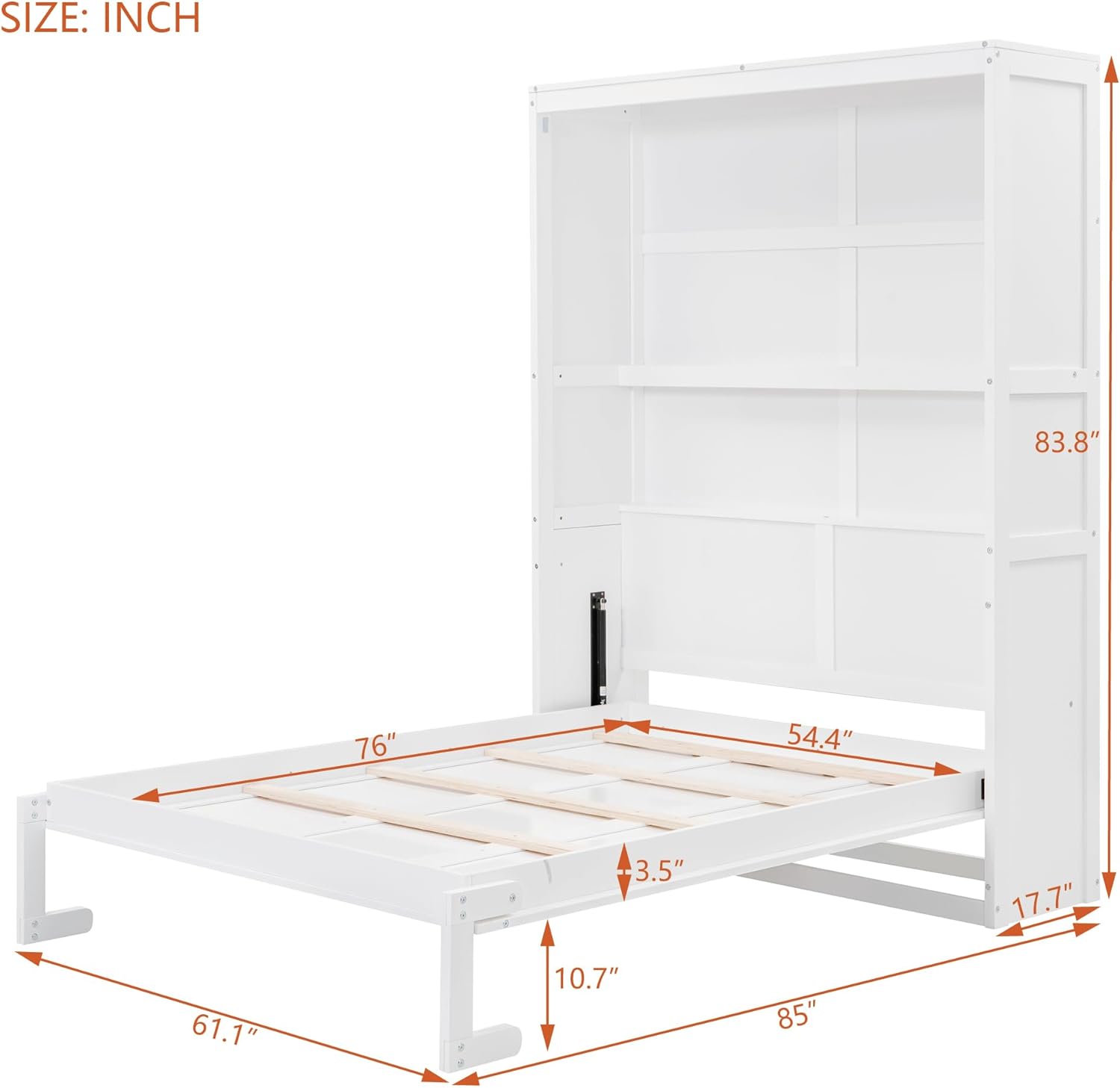 Full Size Murphy Frame,with Cabinet, Drawers and Storage Shelves,Space-Saving Wall Bed for Multipurpose Guest Room or Home Office,White, White-17