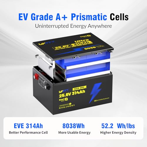 12V 314Ah Mini LiFePO4 Lithium Battery with Bluetooth 5.0, 200A BMS, 4.01kWh Energy, Upgraded Aluminum Cooling Fins & Braided Copper Wires, for RV