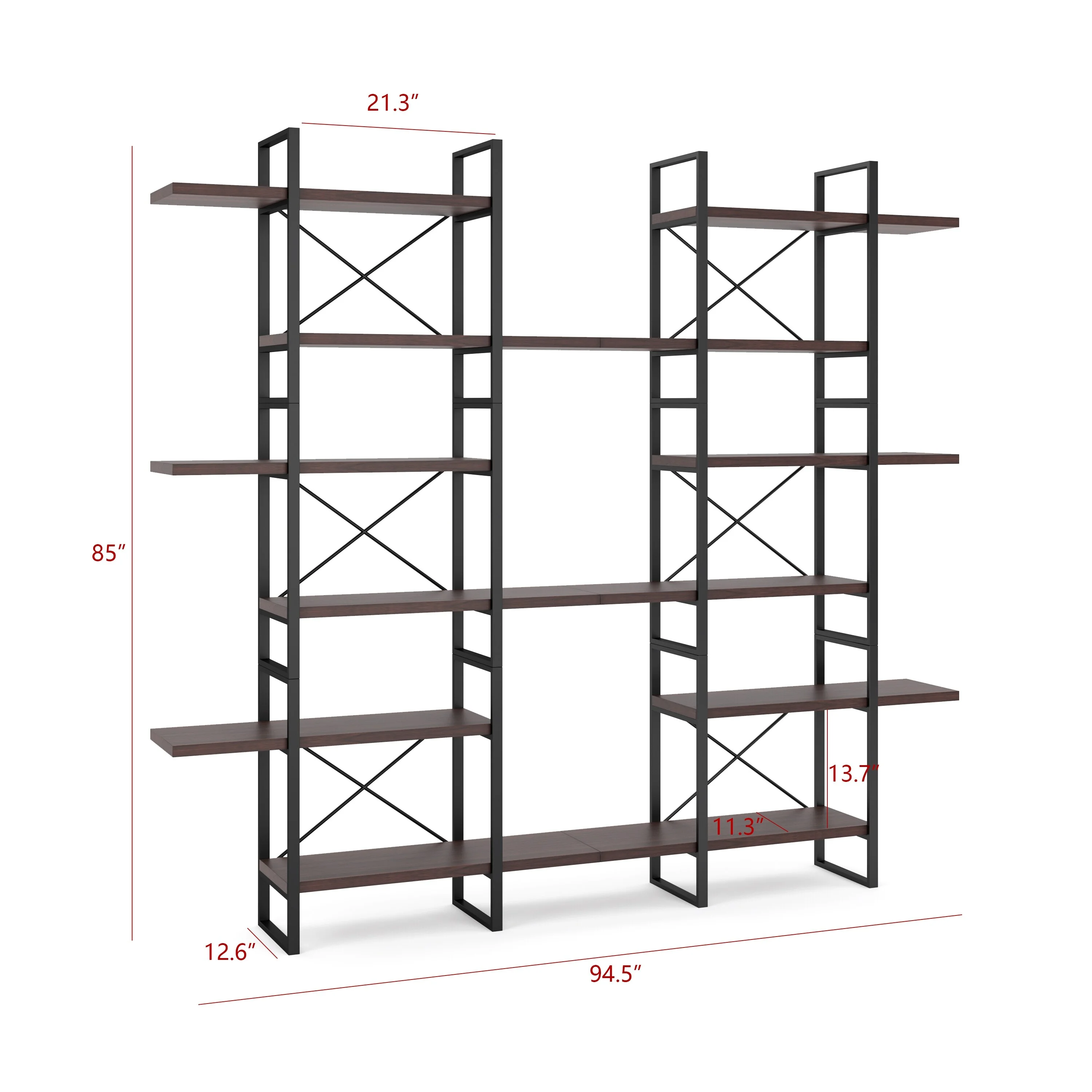 Davee Dark Walnut Color 6-Tiers Industrial Style Bookcase - 85" H x 94.5" W x 12.6" D