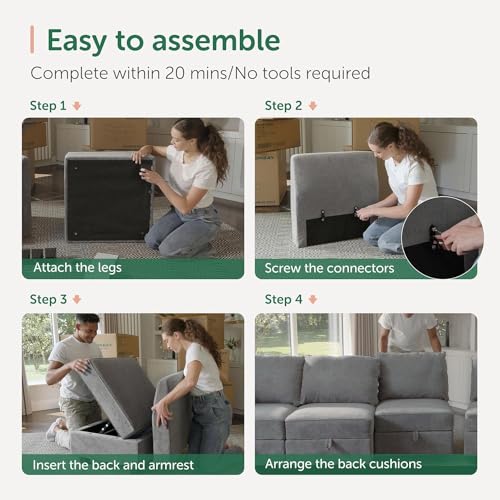 HONBAY Modular Sofa Sectional Sleeper Couch with Ottomans Reversible Sleeper Sectional Sofa Modular Couch with Storage, Aqua Blue