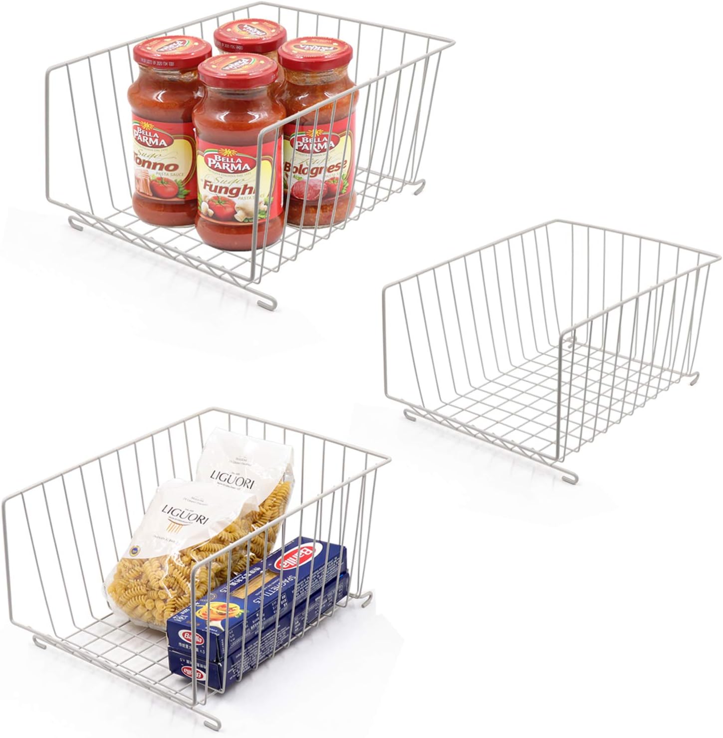 Rolling Stackable Storage Bin, Modern 4 Tiers Basket with Lockable Casters, Utility Storage Organizer for Kitchen, Pantry, Closets, Bedrooms(Gray)