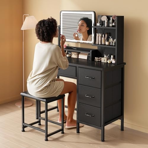 Makeup Vanity Desk with Mirror and Lights, Small Vanity with Fabric Storage Drawer & Chair & Shelves, White Compact Makeup Vanity Set for Bedroom