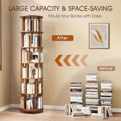 6 Tier Rotating Bookshelf Tower Spinning Bookshelf with Swivel Wheels Book Shelf Rotating Storage Tower for Kids Adult Narrow Walnut Solid Wood