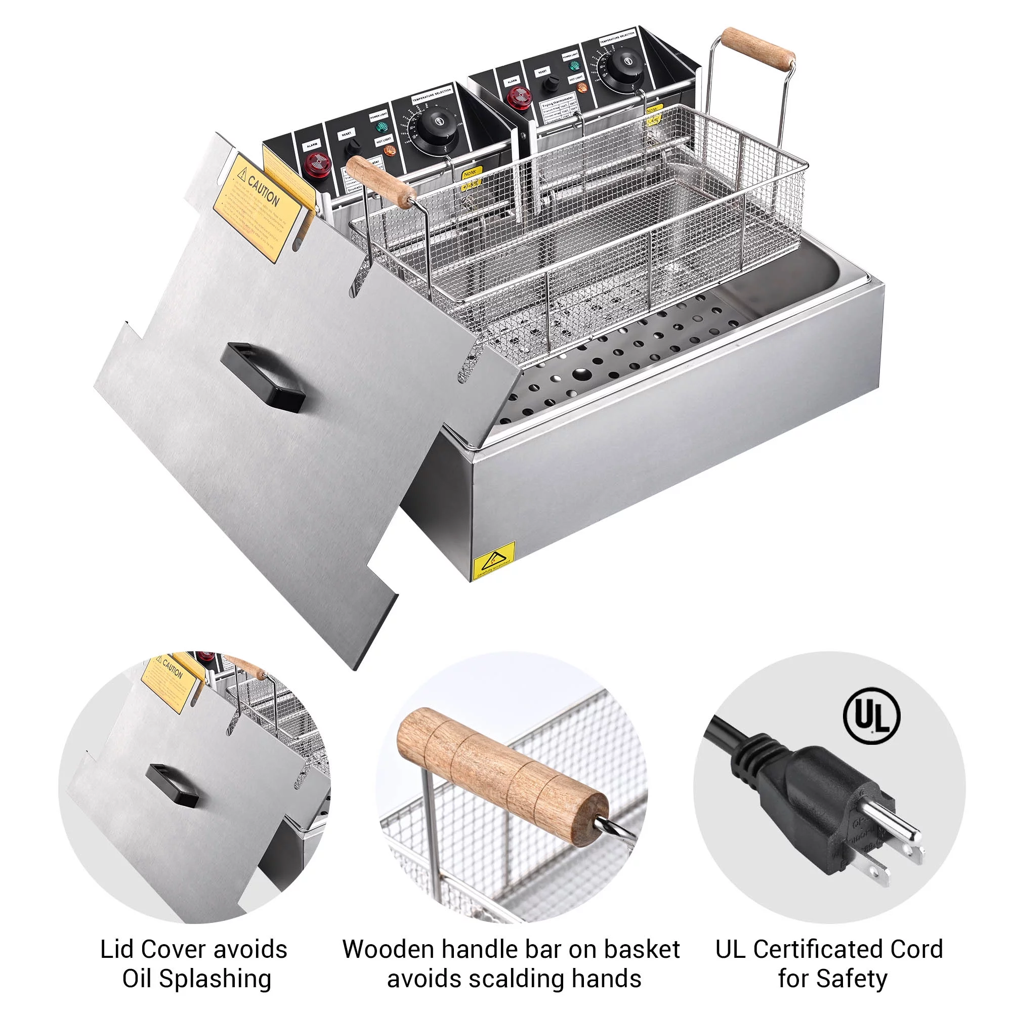 Wechef 5000W 20L Electric Deep Fryer Stainless Steel Single Large Tank Basket Lid Countertop Commercial Restaurant