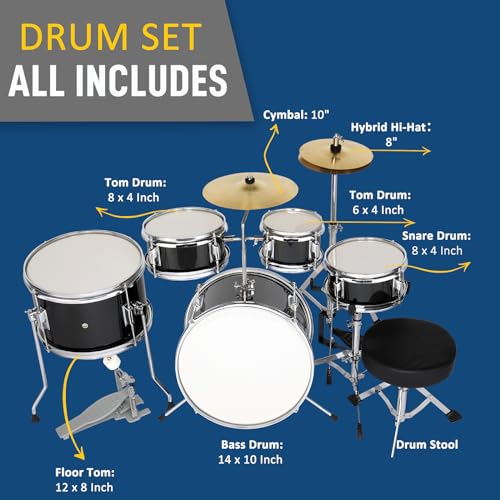 Ktaxon 5-Piece Complete Junior Drums Set, 14 Inch Beginners Drum Kit with Throne Stool, Pedal & Drumsticks, Kids Drums Musical Instruments W/Cymbal