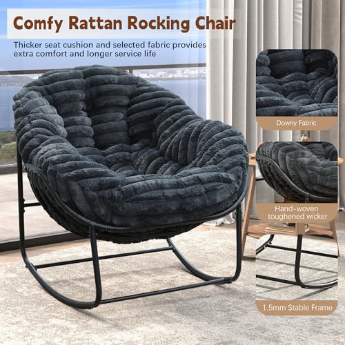 Outdoor Indoor Rocking Chair, Patio Wicker Egg Chair, Indoor & Outdoor Comfy Oversized Papasan Chair with Padded Cushion