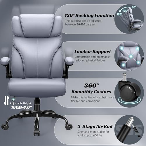 Office Chair, Ergonomic Big and Tall Computer Desk Chairs, Executive Breathable Leather Chair with Adjustable High Back Flip-up Armrests
