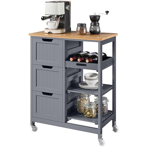 Yaheetech Kitchen Island Cart on Wheels with Bamboo Countertop, Rolling Serving Utility Trolley Cart with 3 Drawers