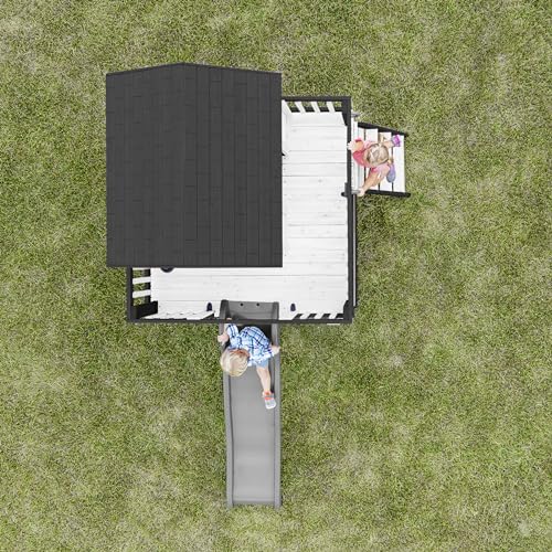 Backyard Discovery Beacon Heights Elevated Cedar Playhouse, Play kitchen, Powered Blender, Working Bell, 6 ft Wave Slide, Wrap-Around Deck