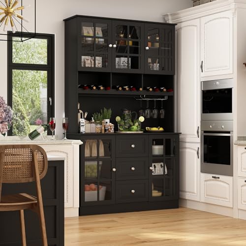 Homsee Modern Kitchen Pantry with Glass Doors, Drawers & Adjustable Shelves