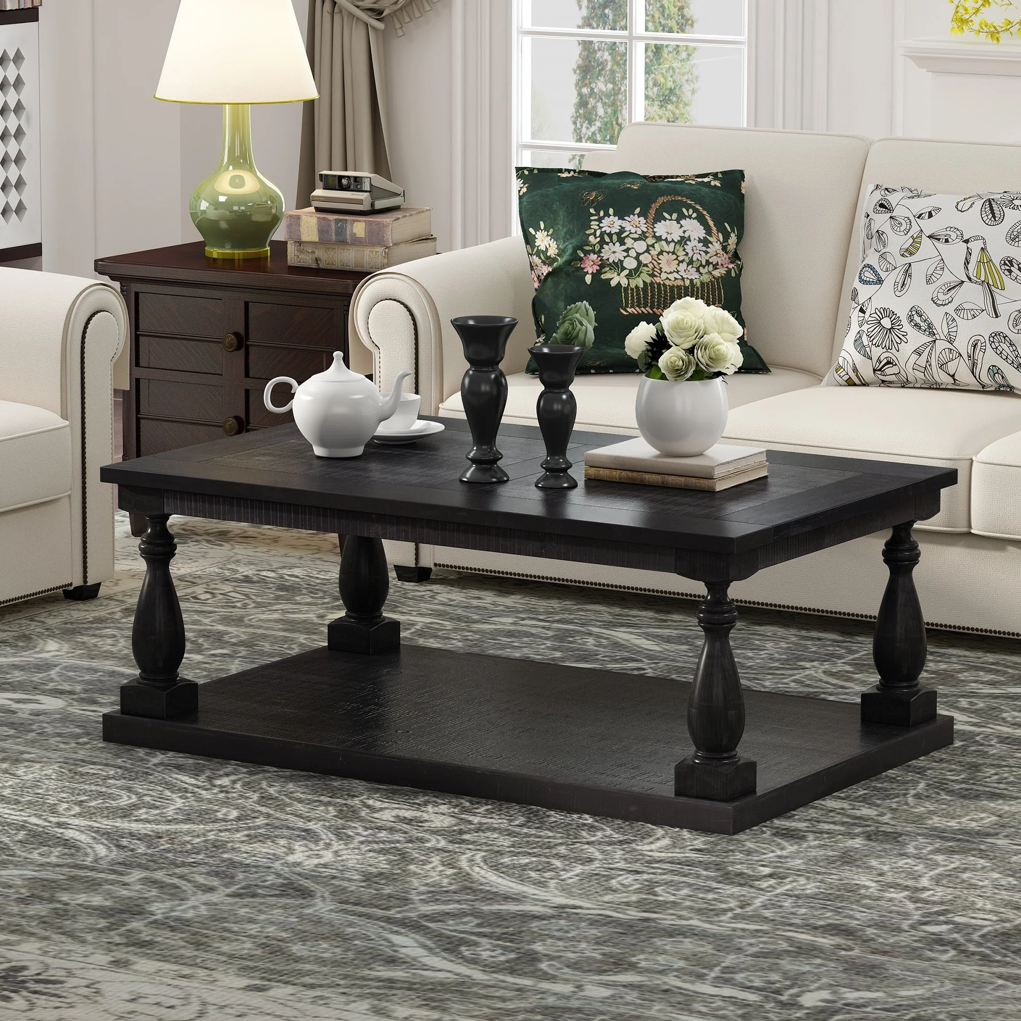 Rustic Floor Shelf Coffee Table with Storage Black