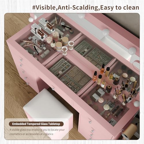 Vanity Desk & Power Outl, Makeup Vanity with Mirror and 12 LED Lights, Makeup Table with 11 Drawers, Vanity Table with Chair