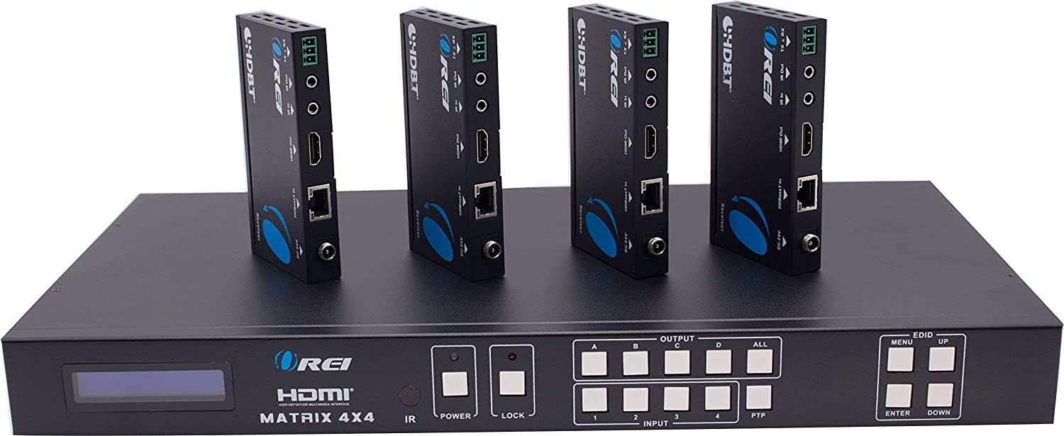 Professional 4K 4x4 HDMI Extender Matrix by OREI - HDBaseT UltraHD 4K @ 60Hz 4:2:0 Over Single CAT5e/6/7 Cable with HDR Switcher & IR Control