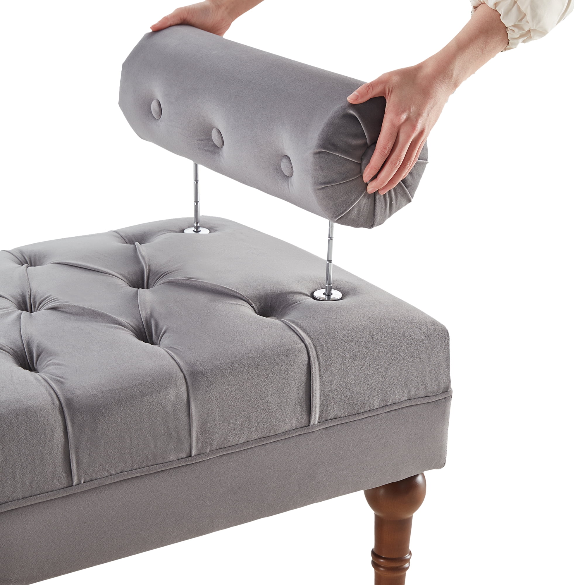 HUIMO 60.2 Inch End of Bed Bench with 2 Pillows Rolled Armed Ottoman Bench, Button Tufted Upholstered Bench Footrest Stool for Entryway
