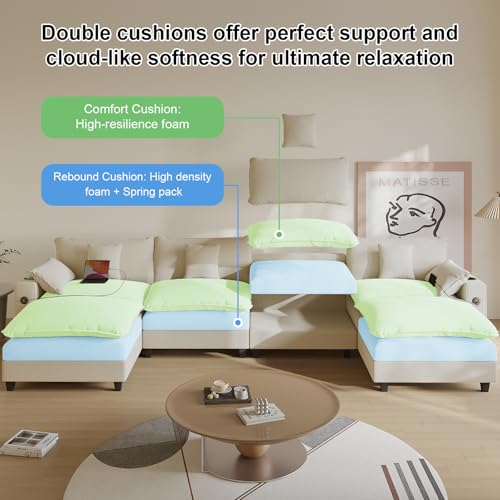 Modular Sectional Sofa, Cloud Couch with Ottoman, Charging Station, Throw Pillows, Cup Holders, Modern Convertible U Shaped Couches for Living Room