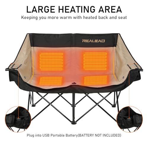 REALEAD Heated Double Camping Chair, 3 Heat Levels and 4 Heating Zones, Portable Heated Loveseat Chair for Outdoor Sports Support 650lbs