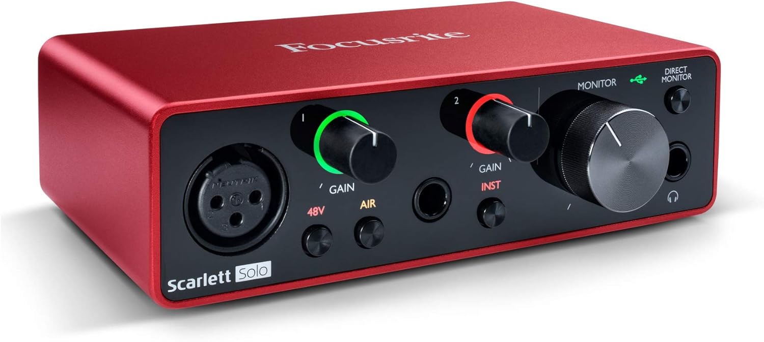 Focusrite Scarlett Solo Studio 3rd Gen USB Audio Interface and Recording Bundle with Microphone, Headphones, XLR Cable, Knox Studio Stand