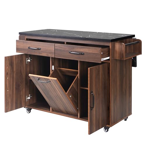 Ball & Cast Farmhouse Kitchen Island with Drop Leaf & Barn Door,Rolling Kitchen Cart on Wheels with Power Outlet,3 Large Drawers