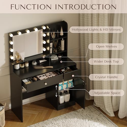 Vanity Desk with Mirror and Lights, Diamond Edition Vanity Desk, Makeup Vanity Table with 3 Drawers & 5 Open Shelves