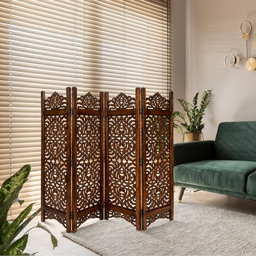 Lightnpro Wooden Room Divider - Handmade Foldable Partition Screen with Intricate Oval Carved Design Hinged