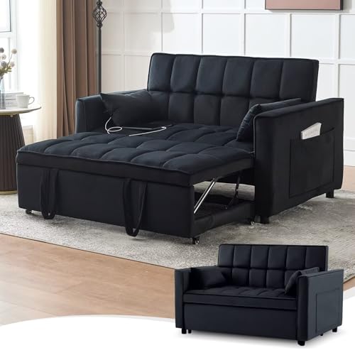 Modern 3 in 1 Convertible Sleeper Sofa Couch Bed with USB, Adjustable Backrest Velvet Pull Out Sofa Bed, Loveseat Sleeper Couch