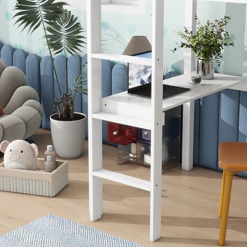 Low Loft Bed Twin Size, Kids Solid Wood Modern Loft Bed Frame with Ladder and Safety Guardrail for Girls Boys, Noise-Free,Non-Toxic Finishes