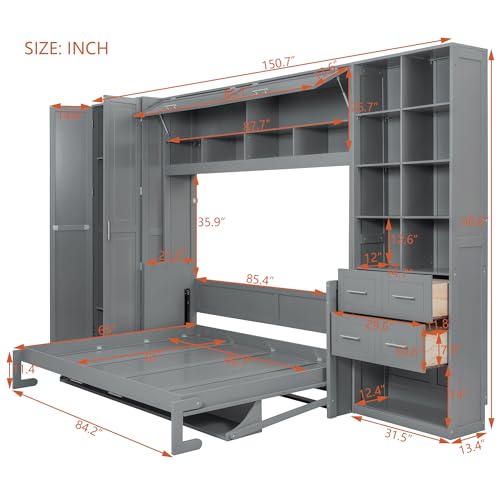 SOFTSEA Queen Size Murphy Bed with Desk, Horizontal Murphy Bed with Storage Wardrobe Drawers and Shelves, Hidden Wall Bedframe for Guest Room