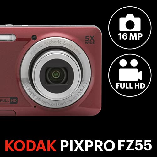 KODAK PIXPRO FZ55-BL 16MP Digital Camera 5X Optical Zoom 28mm Wide Angle 1080P Full HD Video Li-Ion Battery 2.7" LCD Vlogging Camera (Blue)