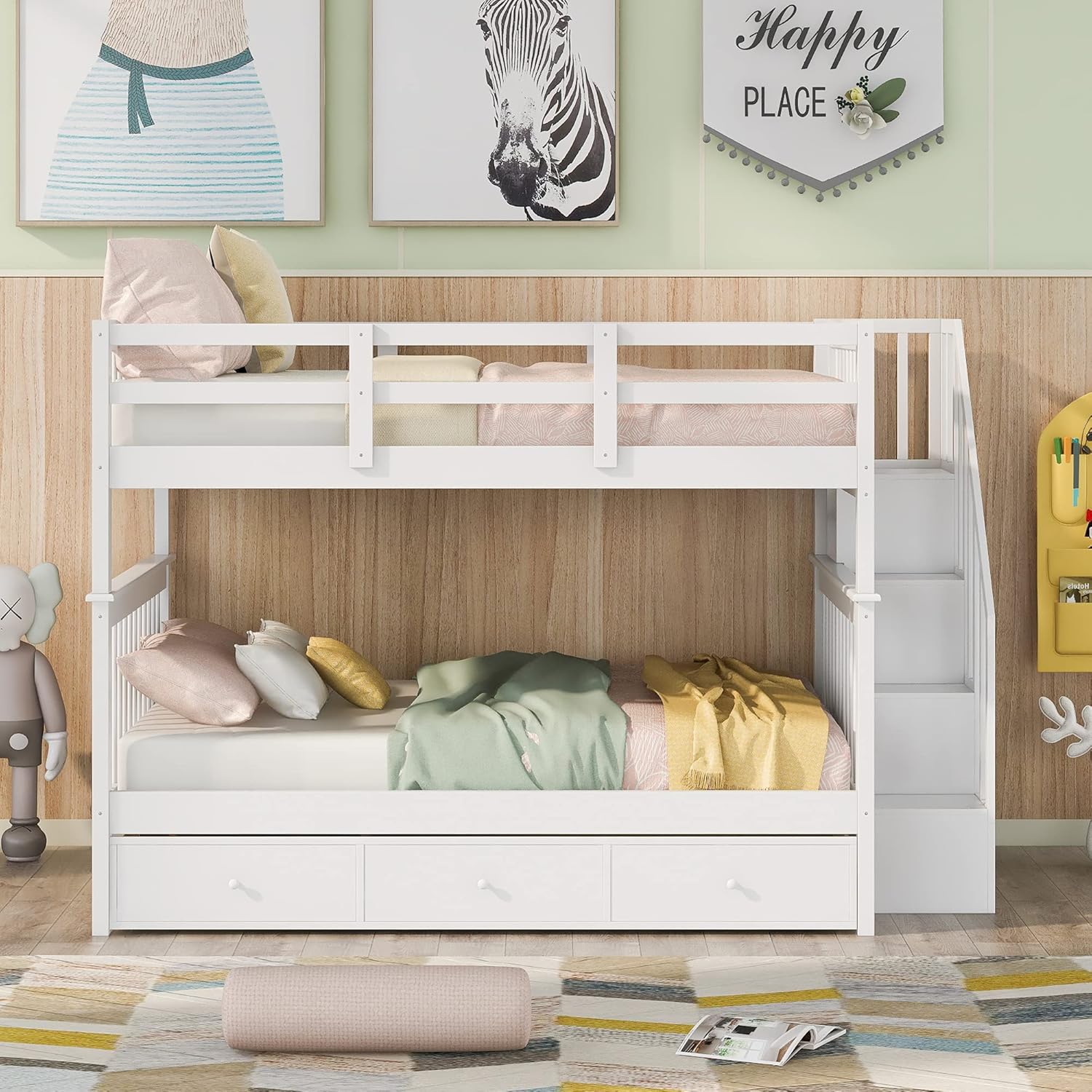 Harper & Bright Designs Full Over Full Bunk Bed with Stairs, Wooden Full Bunk Bed with Storage Drawers for Kids Teens Adults - White
