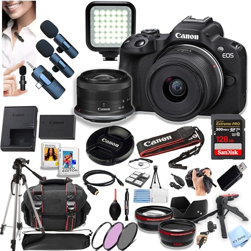 Canon EOS R50 Mirrorless Camera with 18-45mm Lens + 128GB Extreme Memory, Wireless Lavalier Microphones, Lenses, Filters, Case, Tripod, Flash