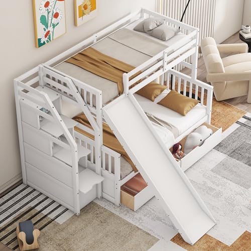 Harper & Bright Designs Bunk Beds Twin Over Full Size, Bunk Bed with Trundle,Storage Shelf and Stairway