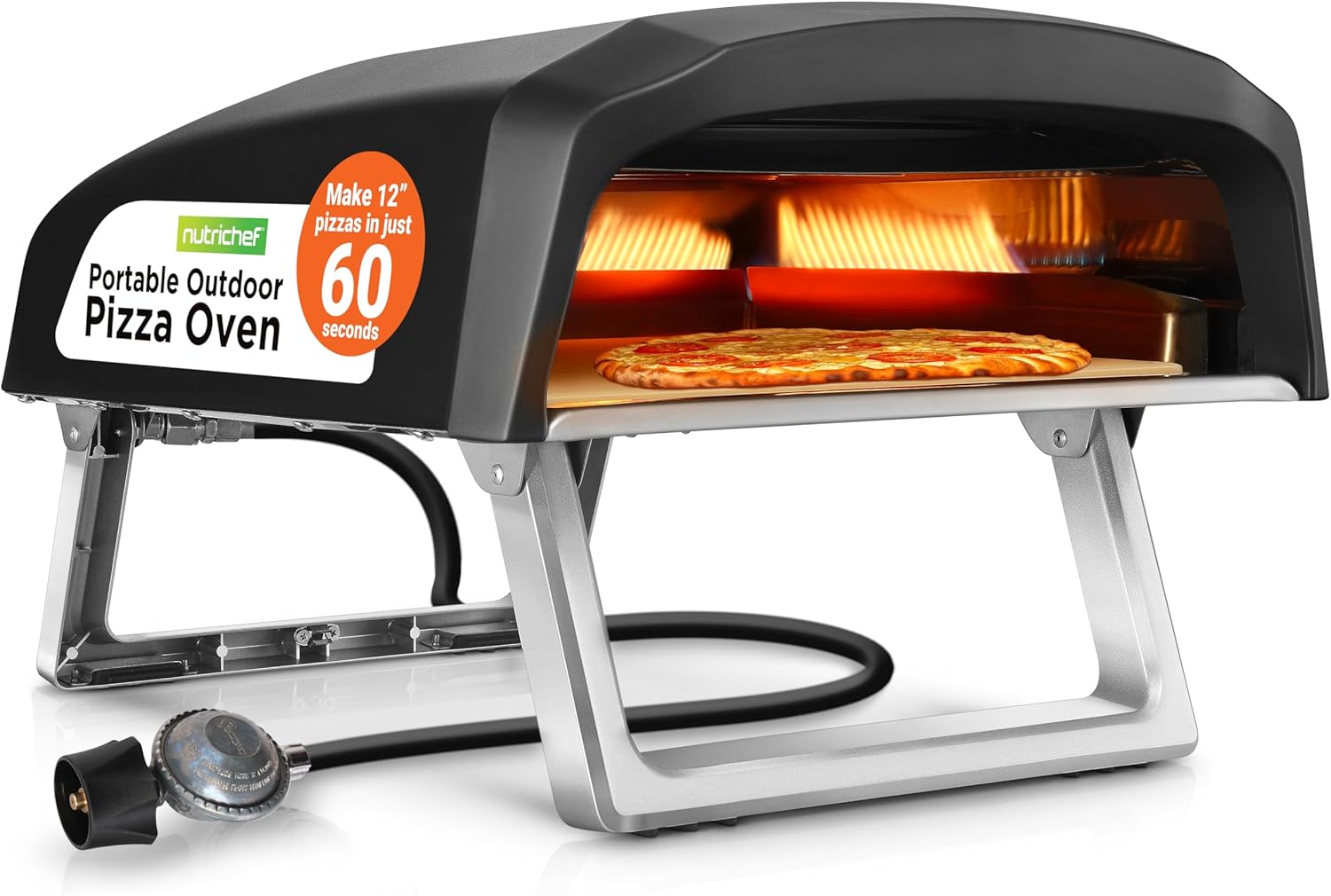 NutriChef Portable Outdoor Gas Pizza Oven - Includes Foldable Feet, Adjustable Heat Control Dial, Burner, Stone & Regulator Hose