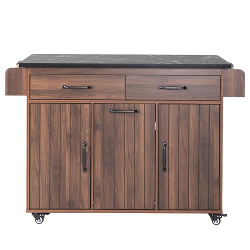 Ball & Cast Farmhouse Kitchen Island with Drop Leaf & Barn Door,Rolling Kitchen Cart on Wheels with Power Outlet,3 Large Drawers