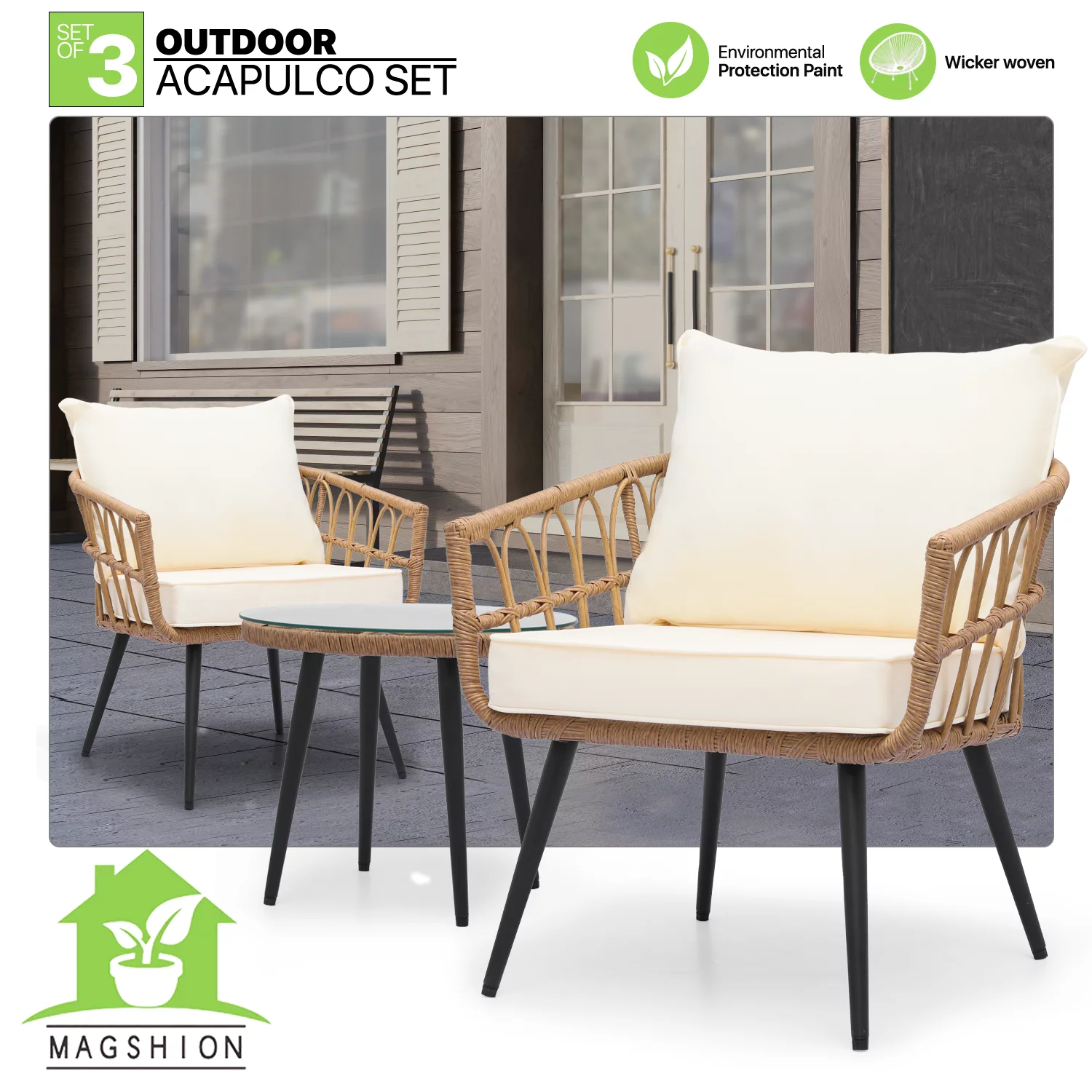 Magshion 3 Pieces Outdoor Patio Furniture Rattan Wicker Table & Chairs Set, Conversation Bistro Set with Tempered Glass Tabletop