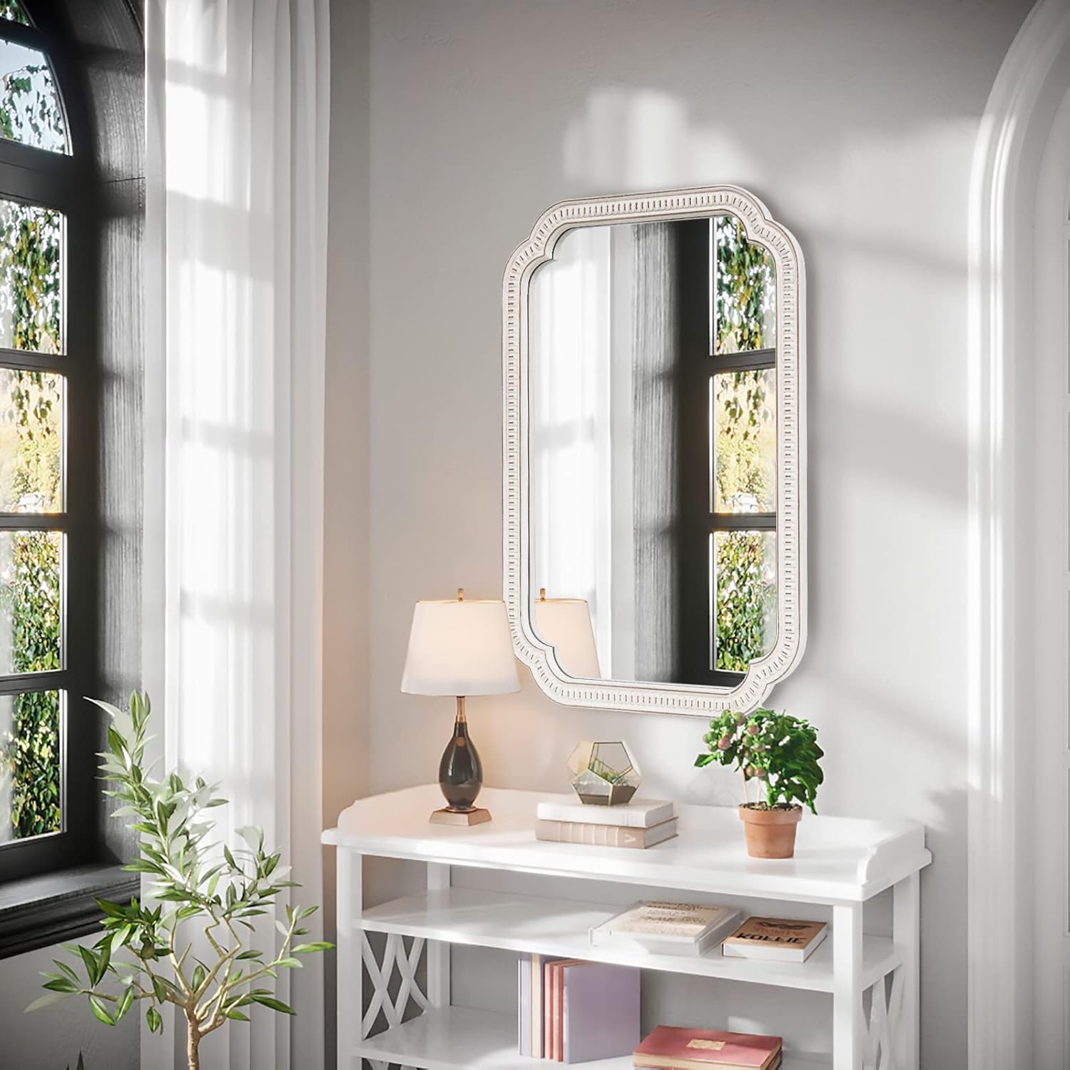 Farmhouse-Mirror, Large Wood Frame Wall-Mirror-Decorative with Arched Corners, 36 x 25 in Farmhouse Bathroom Vanity Mirror