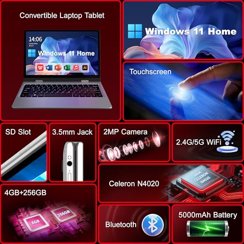 2 in 1 Laptop Computers Windows 11, 11.6 inch Touchscreen Laptop Tablet, 4GB RAM 256 GB SSD
