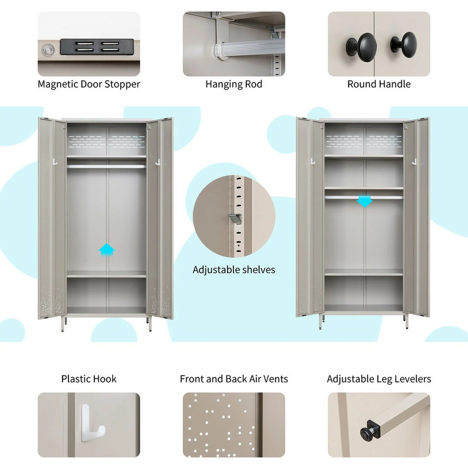 CJF Metal Storage Wardrobe Cabinet Metal Wardrobe Armoire Closet with Adjustable Hanging Rod for Bedroom, Laundry Room (Gray) - Radiant Selections