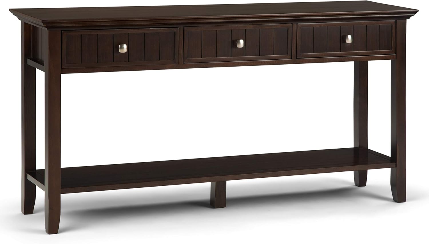 SIMPLIHOME Acadian SOLID WOOD 60 inch Wide Rustic Contemporary Modern Wide Console Sofa Entryway Table in Brunette Brown with Storage