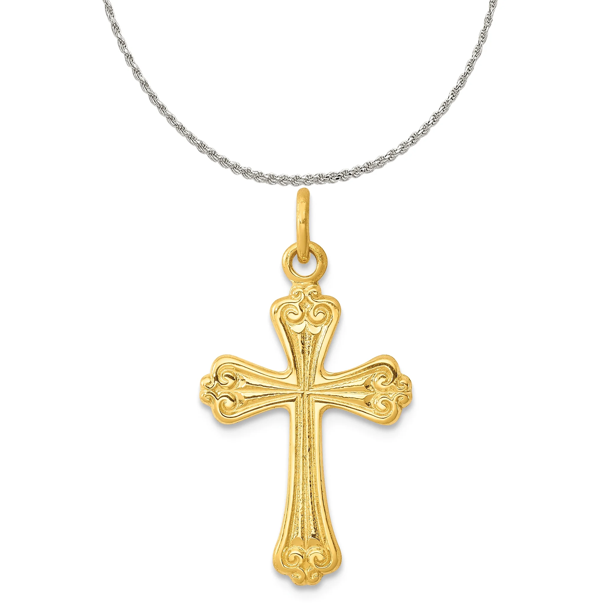 Carat in Karats Sterling Silver Polished Finish 24K Cross Charm Pendant (25mm x 13mm) With Sterling Silver Rope Chain Necklace 20''