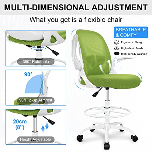 Primy Drafting Chair Tall Office Chair with Flip-up Armrests Executive Ergonomic Computer Standing Desk Chair with Lumbar Support and Adjustable
