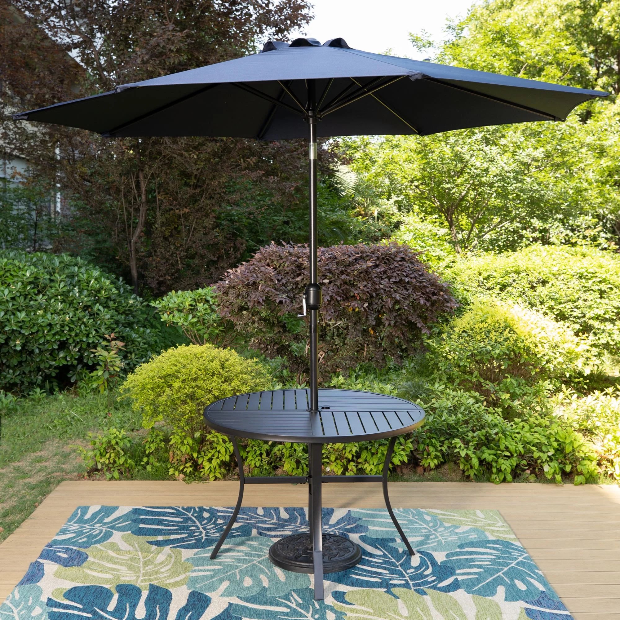 MF Studio 5-Piece Outdoor Patio Dining Set with High-Back Swivel Sling Chairs & Round Table for 4-Person, Padded Textilene Seat, Black & Blue
