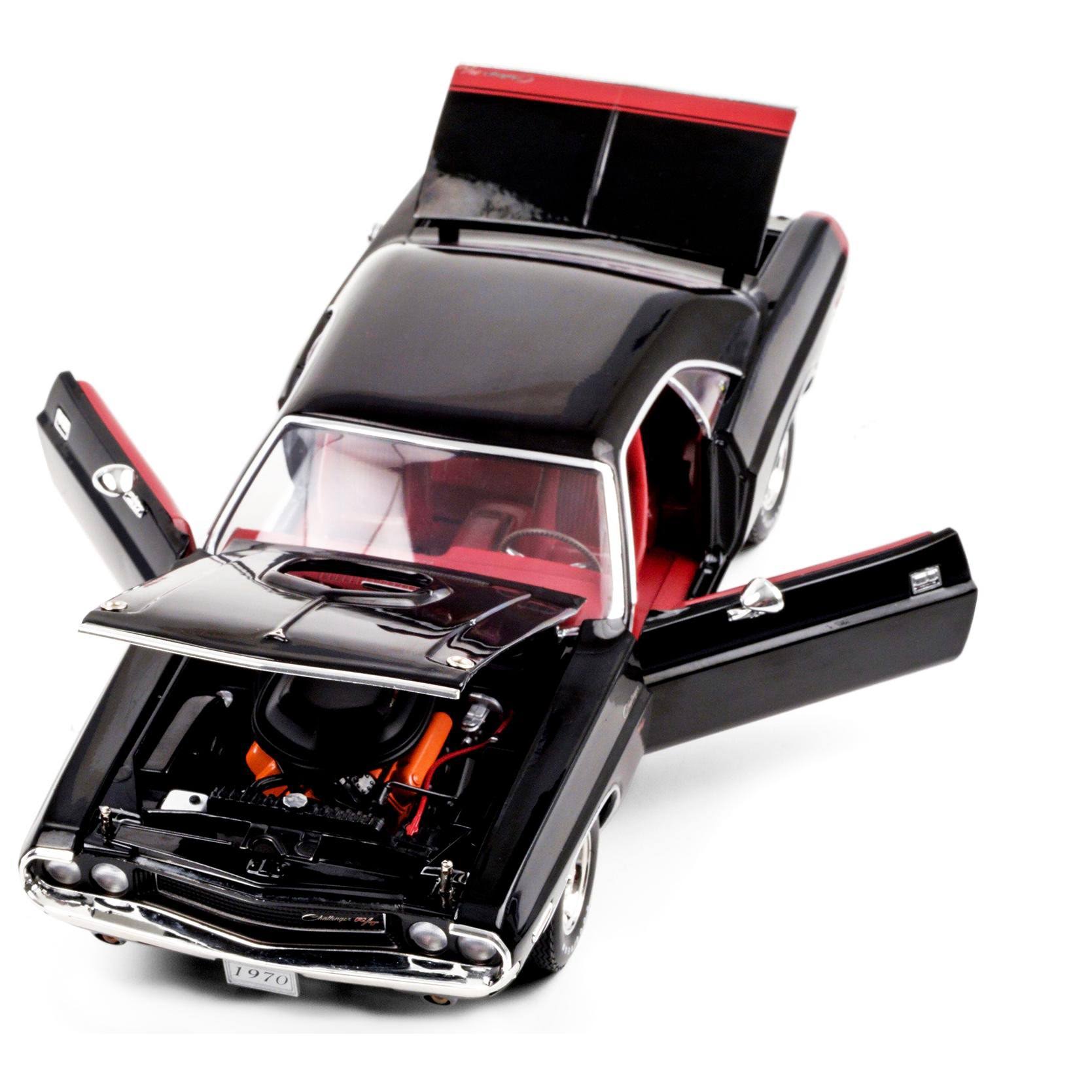 1970 Dodge Challenger R/T 440 Six Pack Black with Red Interior and Deluxe Wheel Covers 1/18 Diecast Model Car by Greenlight