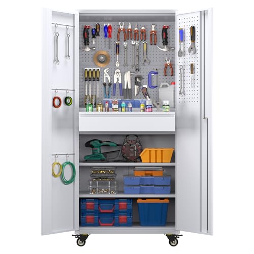 Metal Storage Cabinet with Wheels, 73" H Rolling Garage Cabinets with Locking Doors and Adjustable Shelves for Home Office, Basement, Pantry, Workshop