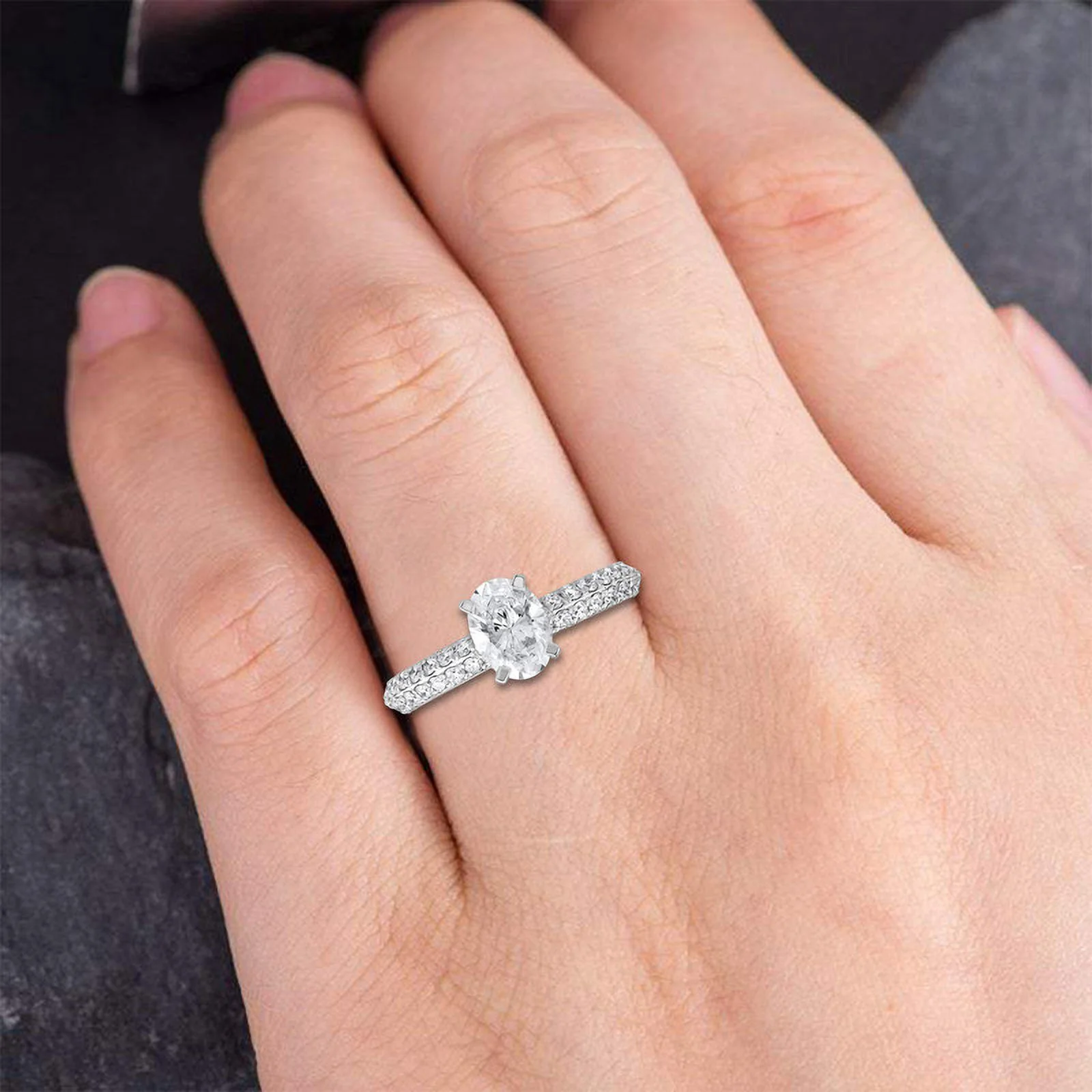 1.15 TCW Oval Cut Lab Created Diamond Solitaire Halo Ring with Side Stones in 14K Solid White Gold for Women | Size-7 | (Clarity; VVS-VS