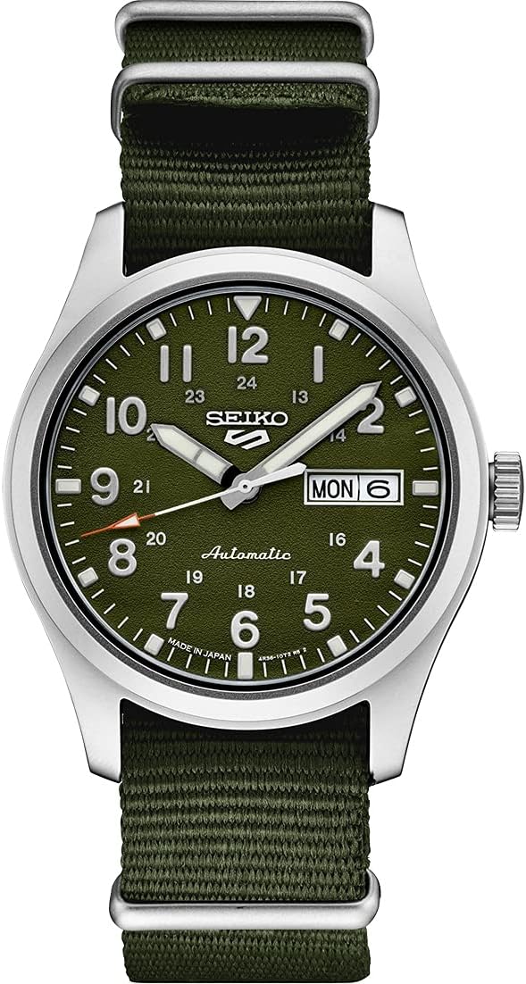 SEIKO SRPG33 Watch for Men - 5 Sports - Automatic with Manual Winding Movement, Green Dial, Stainless Steel Case, Green Nylon Strap